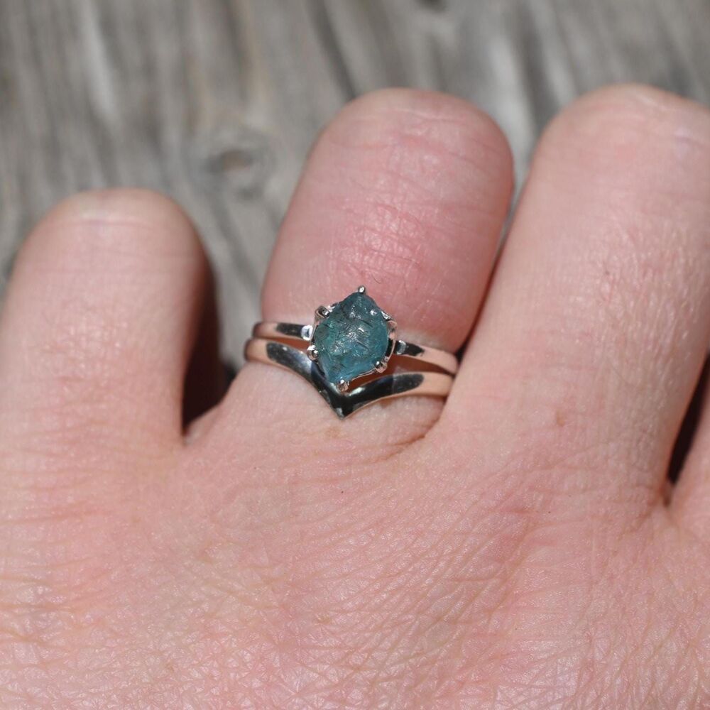 Engagement ring Aquamarine  set, raw crystal ring, raw stone ring, alternative